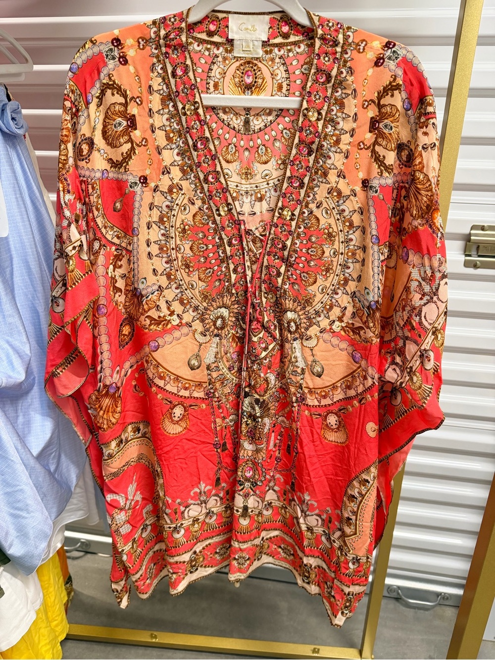 Camilla Coral and Peach Embellished V-Neck Boho Tunic